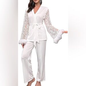 Amazon Feather Satin Pajama Set Floral Mesh Long Sleeve Belted Top and Pants